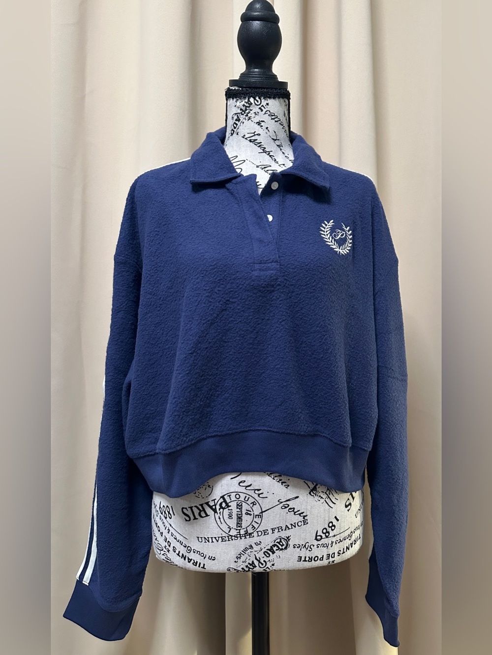 NWT PINK Victoria’s Secret Reverse Fleece Cropped Polo Navy L